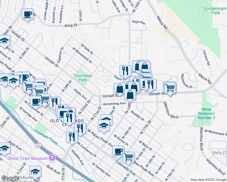 map of restaurants, bars, coffee shops, grocery stores, and more near 1939 Henderson Avenue in Colorado Springs