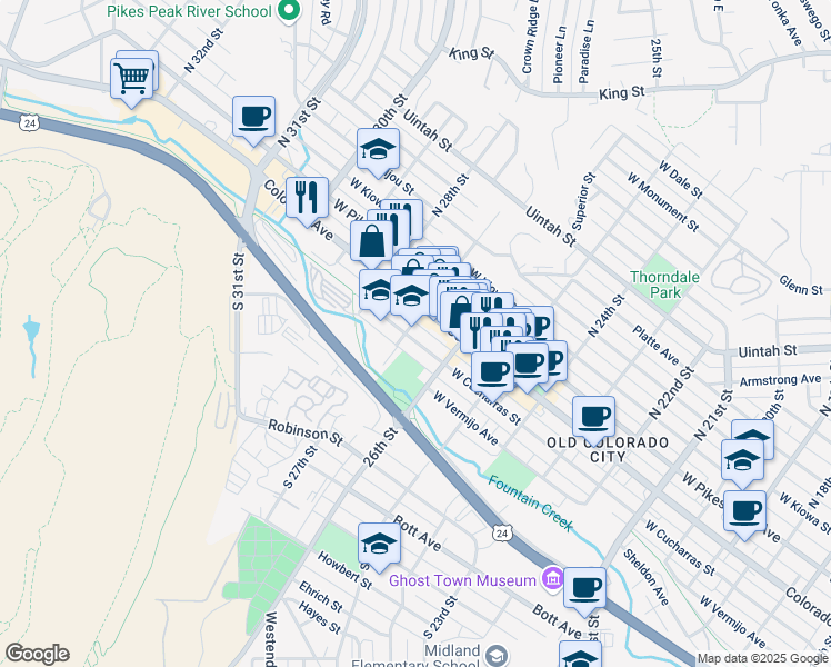 map of restaurants, bars, coffee shops, grocery stores, and more near 2704 West Cucharras Street in Colorado Springs