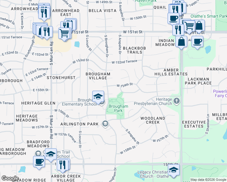 map of restaurants, bars, coffee shops, grocery stores, and more near 15917 West 154th Street in Olathe