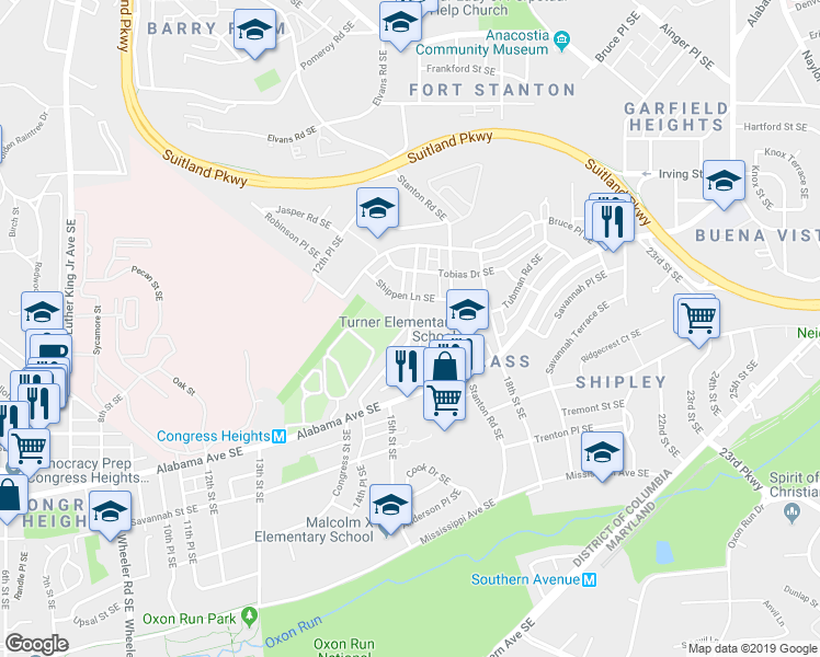 map of restaurants, bars, coffee shops, grocery stores, and more near 3231 15th Place Southeast in Washington