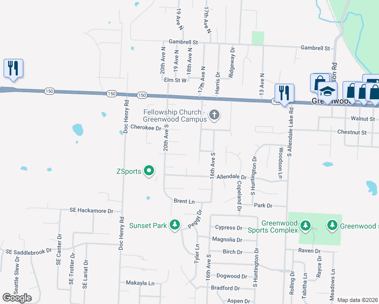 map of restaurants, bars, coffee shops, grocery stores, and more near 1802 Cheyenne Court in Greenwood