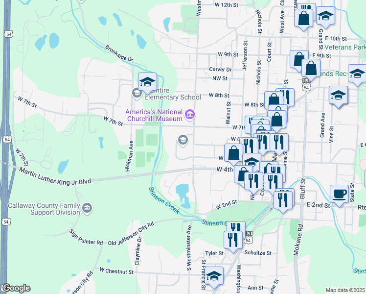 map of restaurants, bars, coffee shops, grocery stores, and more near 501 Westminster Avenue in Fulton