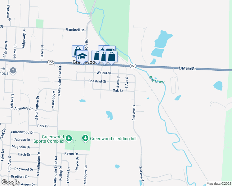 map of restaurants, bars, coffee shops, grocery stores, and more near 401 Oak Street in Greenwood