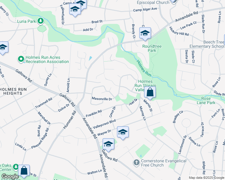 map of restaurants, bars, coffee shops, grocery stores, and more near 7304 Austin Street in Annandale