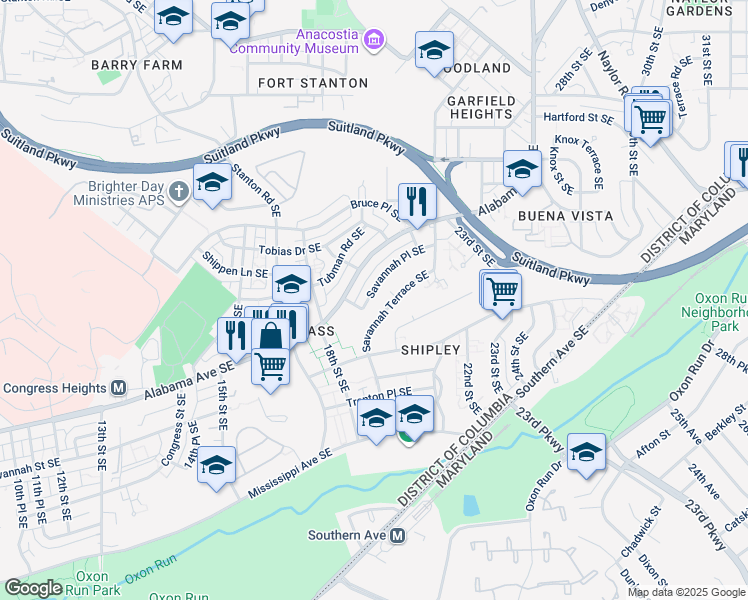 map of restaurants, bars, coffee shops, grocery stores, and more near 1881 Savannah Place Southeast in Washington
