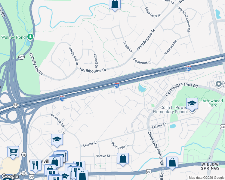 map of restaurants, bars, coffee shops, grocery stores, and more near 13662 Lavender Mist Lane in Centreville