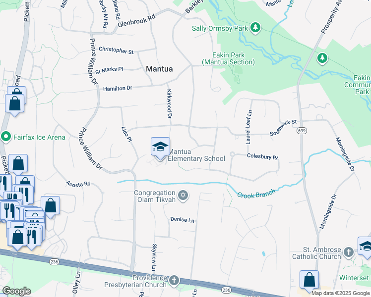 map of restaurants, bars, coffee shops, grocery stores, and more near 9012 Stoneleigh Court in Fairfax