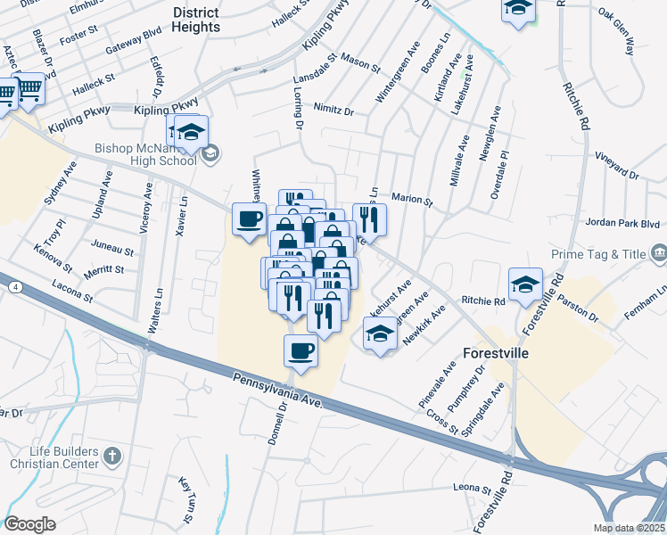 map of restaurants, bars, coffee shops, grocery stores, and more near 3024 Donnell Drive in Forestville