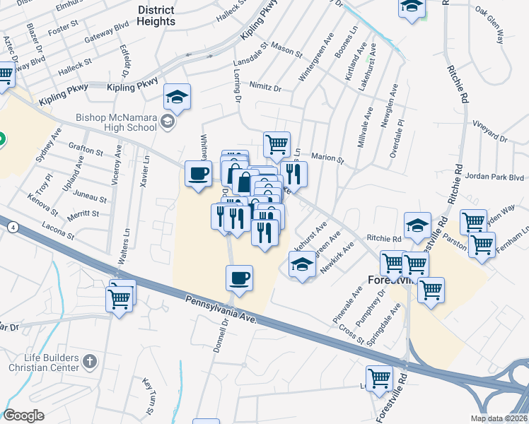 map of restaurants, bars, coffee shops, grocery stores, and more near 3034 Donnell Drive in Forestville