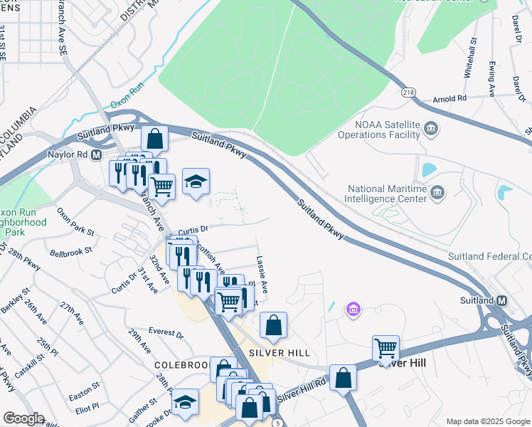 map of restaurants, bars, coffee shops, grocery stores, and more near 3412 Curtis Drive in Hillcrest Heights