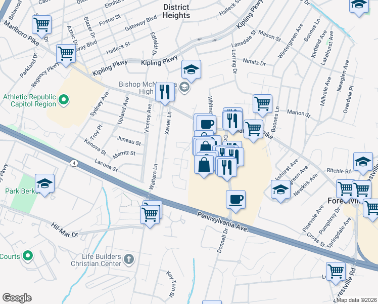 map of restaurants, bars, coffee shops, grocery stores, and more near 2918 Forest Run Drive in District Heights