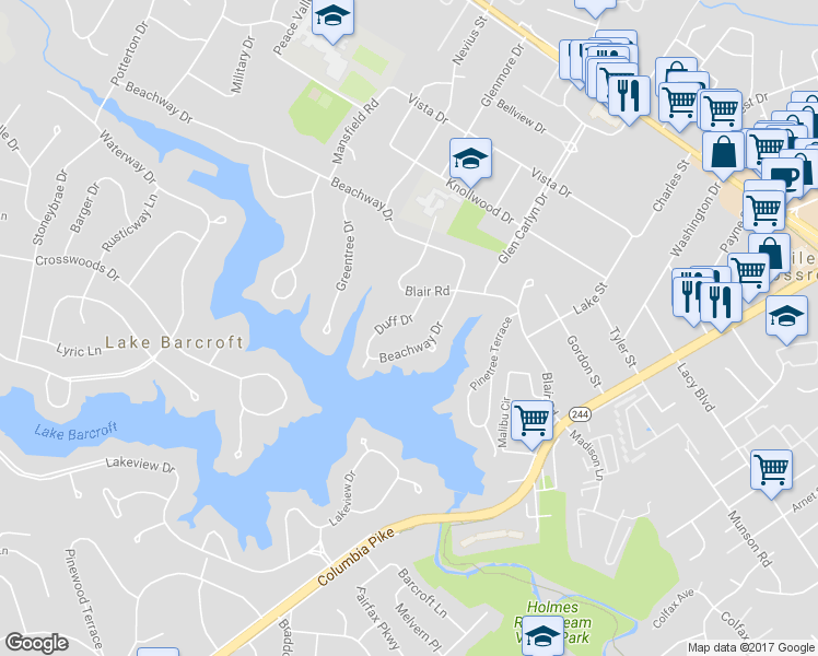 map of restaurants, bars, coffee shops, grocery stores, and more near 3509 Duff Drive in Falls Church