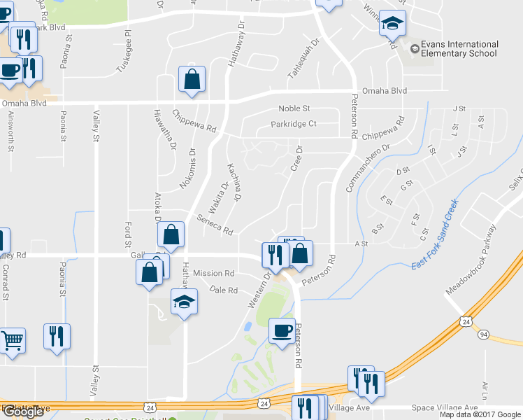 map of restaurants, bars, coffee shops, grocery stores, and more near 1214 Cree Drive in Colorado Springs