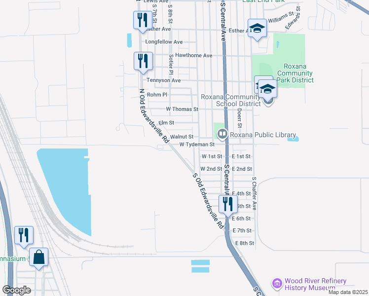 map of restaurants, bars, coffee shops, grocery stores, and more near 215 West Tydeman Street in Roxana