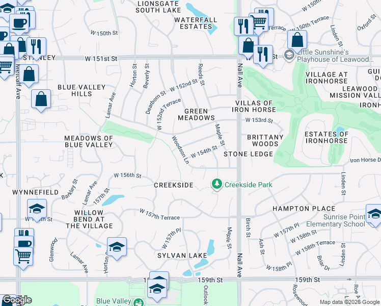 map of restaurants, bars, coffee shops, grocery stores, and more near 5906 West 154th Street in Overland Park