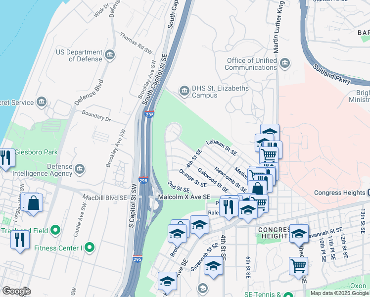 map of restaurants, bars, coffee shops, grocery stores, and more near 257 Newcomb Street Southeast in Washington