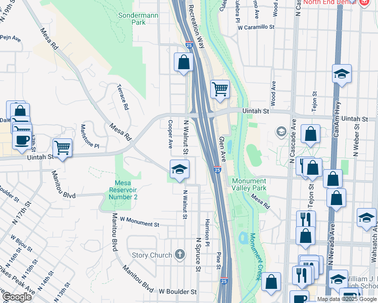 map of restaurants, bars, coffee shops, grocery stores, and more near 452 West Yampa Street in Colorado Springs