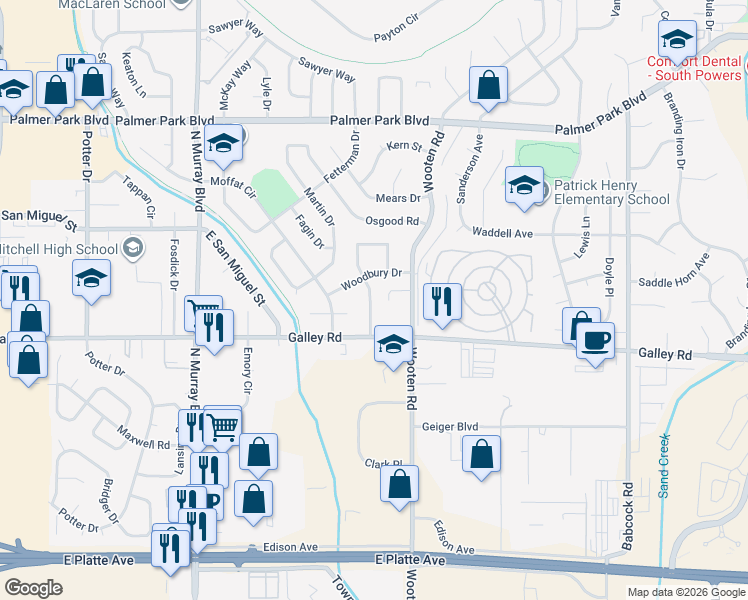 map of restaurants, bars, coffee shops, grocery stores, and more near 1025 Turley Drive in Colorado Springs