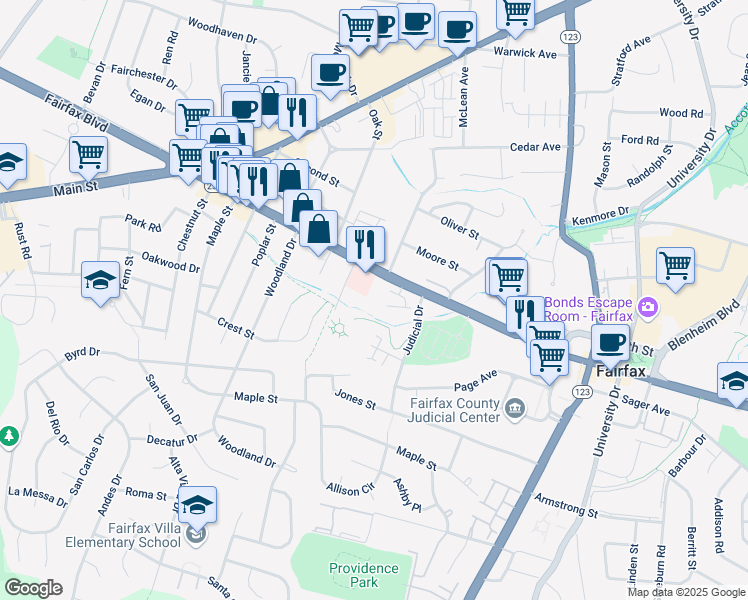 map of restaurants, bars, coffee shops, grocery stores, and more near 10701 Main Street in Fairfax