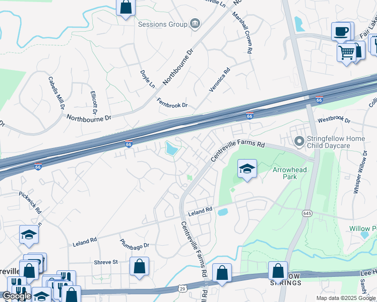 map of restaurants, bars, coffee shops, grocery stores, and more near 13507 Lavender Mist Lane in Centreville