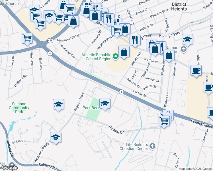 map of restaurants, bars, coffee shops, grocery stores, and more near 6437 Pennsylvania Avenue in District Heights