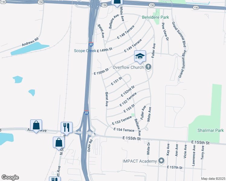 map of restaurants, bars, coffee shops, grocery stores, and more near 6006 East 151 Terrace in Grandview