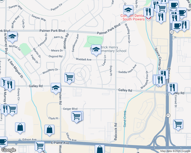 map of restaurants, bars, coffee shops, grocery stores, and more near 1122 Clark Circle in Colorado Springs