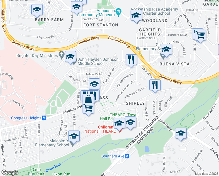 map of restaurants, bars, coffee shops, grocery stores, and more near Alabama Avenue Southeast & 18th Place Southeast in Washington