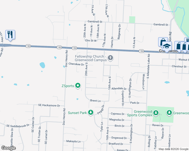 map of restaurants, bars, coffee shops, grocery stores, and more near 1802 Cheyenne Court in Greenwood