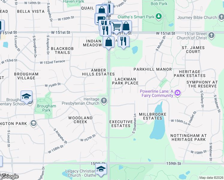 map of restaurants, bars, coffee shops, grocery stores, and more near 15404 South Constance Street in Olathe