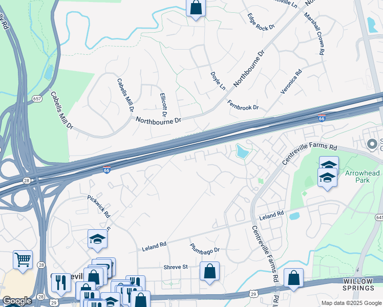map of restaurants, bars, coffee shops, grocery stores, and more near 13660 Lavender Mist Lane in Centreville