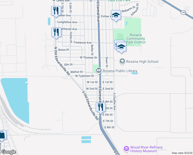 map of restaurants, bars, coffee shops, grocery stores, and more near 111 West Tydeman Street in Roxana
