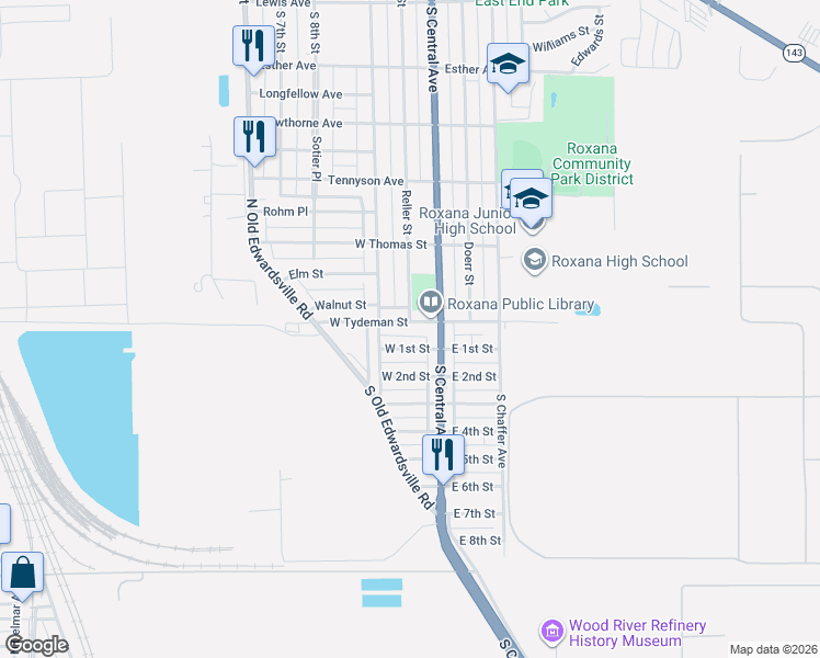 map of restaurants, bars, coffee shops, grocery stores, and more near 111 West Tydeman Street in Roxana