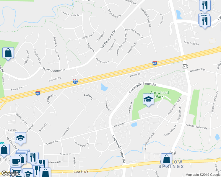 map of restaurants, bars, coffee shops, grocery stores, and more near 13514 Lavender Mist Lane in Centreville