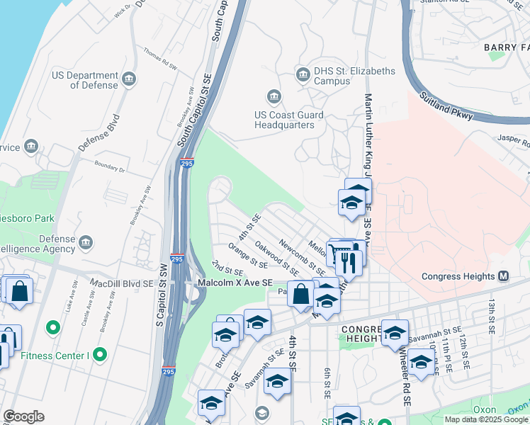 map of restaurants, bars, coffee shops, grocery stores, and more near 401 Lebaum Street Southeast in Washington