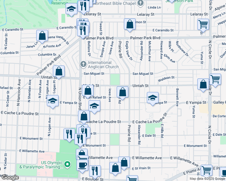 map of restaurants, bars, coffee shops, grocery stores, and more near 1125 Iowa Avenue in Colorado Springs
