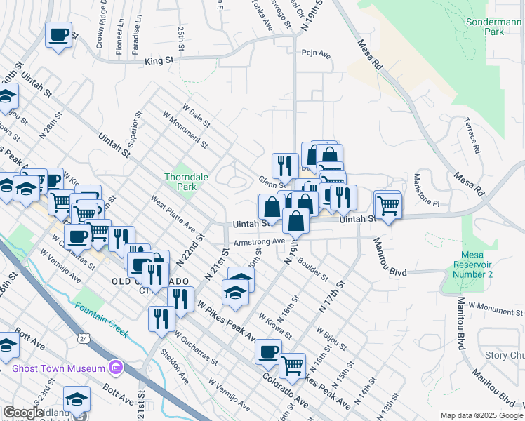 map of restaurants, bars, coffee shops, grocery stores, and more near 1939 Henderson Avenue in Colorado Springs