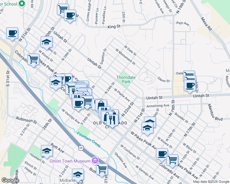 map of restaurants, bars, coffee shops, grocery stores, and more near 2312 West Platte Avenue in Colorado Springs