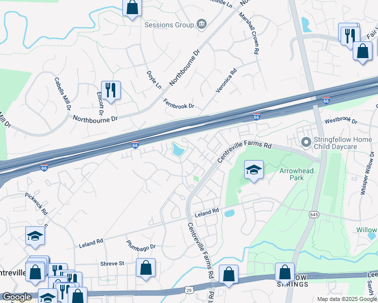 map of restaurants, bars, coffee shops, grocery stores, and more near 13514 Lavender Mist Lane in Centreville