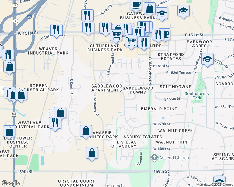 map of restaurants, bars, coffee shops, grocery stores, and more near 15412 South Hillside Street in Olathe