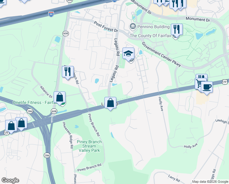 map of restaurants, bars, coffee shops, grocery stores, and more near 4621 Legato Road in Fairfax