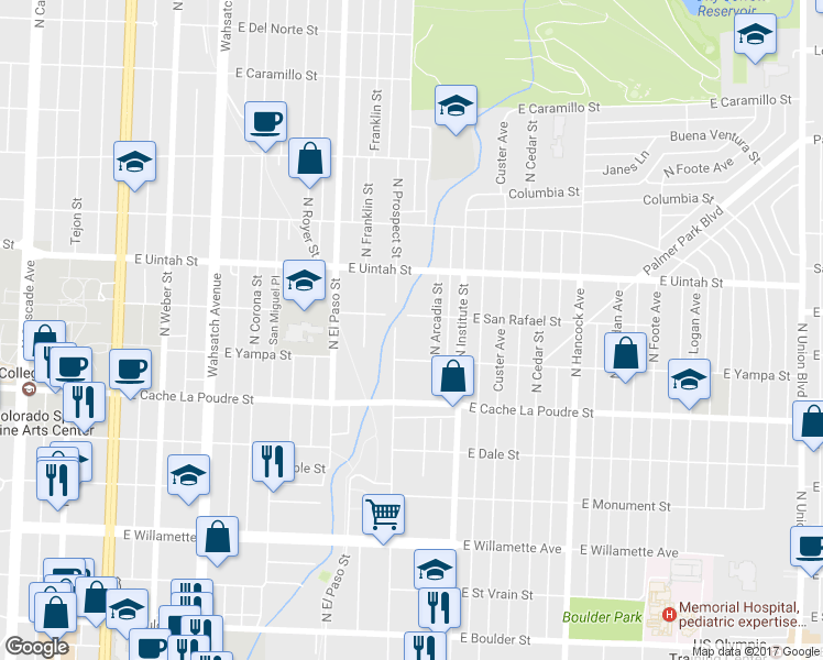map of restaurants, bars, coffee shops, grocery stores, and more near 1025 North Prospect Street in Colorado Springs