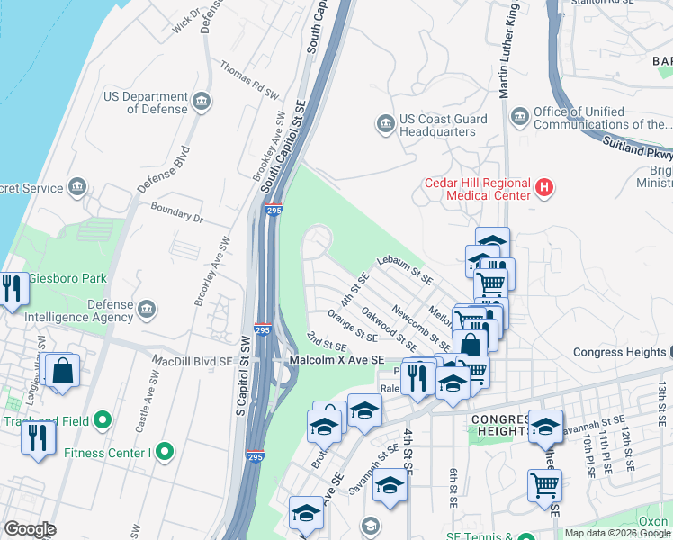 map of restaurants, bars, coffee shops, grocery stores, and more near 253 Newcomb Street Southeast in Washington