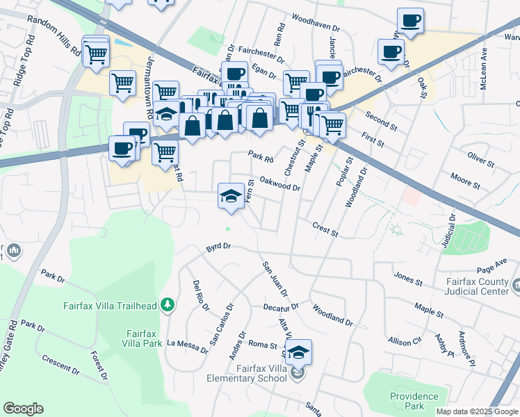 map of restaurants, bars, coffee shops, grocery stores, and more near 4104 Sherwood Street in Fairfax