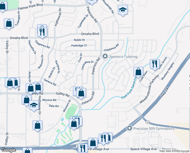 map of restaurants, bars, coffee shops, grocery stores, and more near 1131 Peterson Road in Colorado Springs