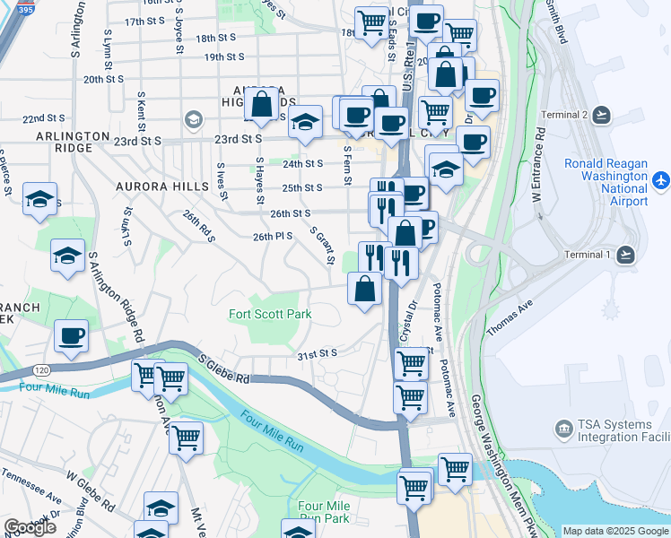 map of restaurants, bars, coffee shops, grocery stores, and more near 2725 South Grant Street in Arlington