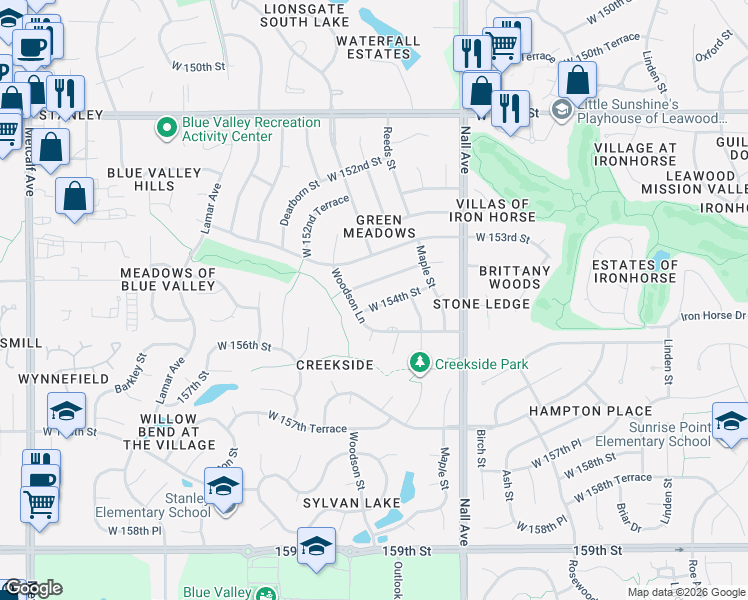 map of restaurants, bars, coffee shops, grocery stores, and more near 5906 West 154th Street in Overland Park