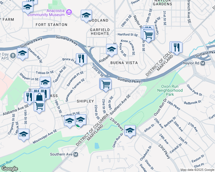 map of restaurants, bars, coffee shops, grocery stores, and more near 3371 23rd Street Southeast in Washington