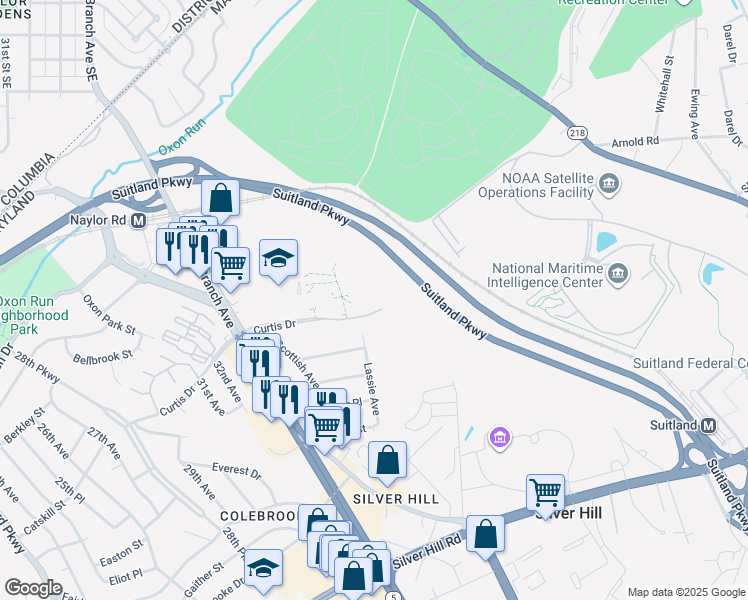 map of restaurants, bars, coffee shops, grocery stores, and more near 3414 Curtis Drive in Hillcrest Heights