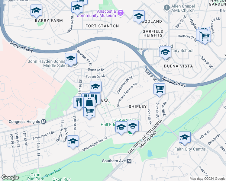 map of restaurants, bars, coffee shops, grocery stores, and more near 3300 18th Place Southeast in Washington